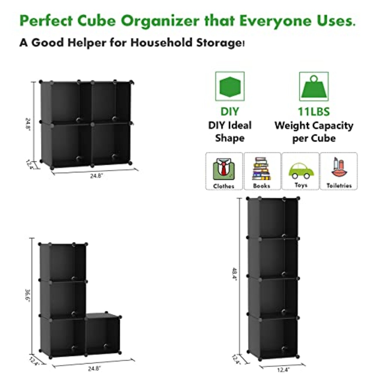 Cube Storage Organizer, 4-Cube Shelves Units, Closet Cabinet, DIY Plastic Modular Book Shelf, Ideal for Bedroom, Living Room, Office, 24.8" L x 12.4" W x 24.8" H Black SHS04A